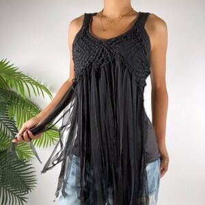 Women's Vintage Y2K Gray Fairy Grunge Sleeveless Western Hippie Fringe Top / S